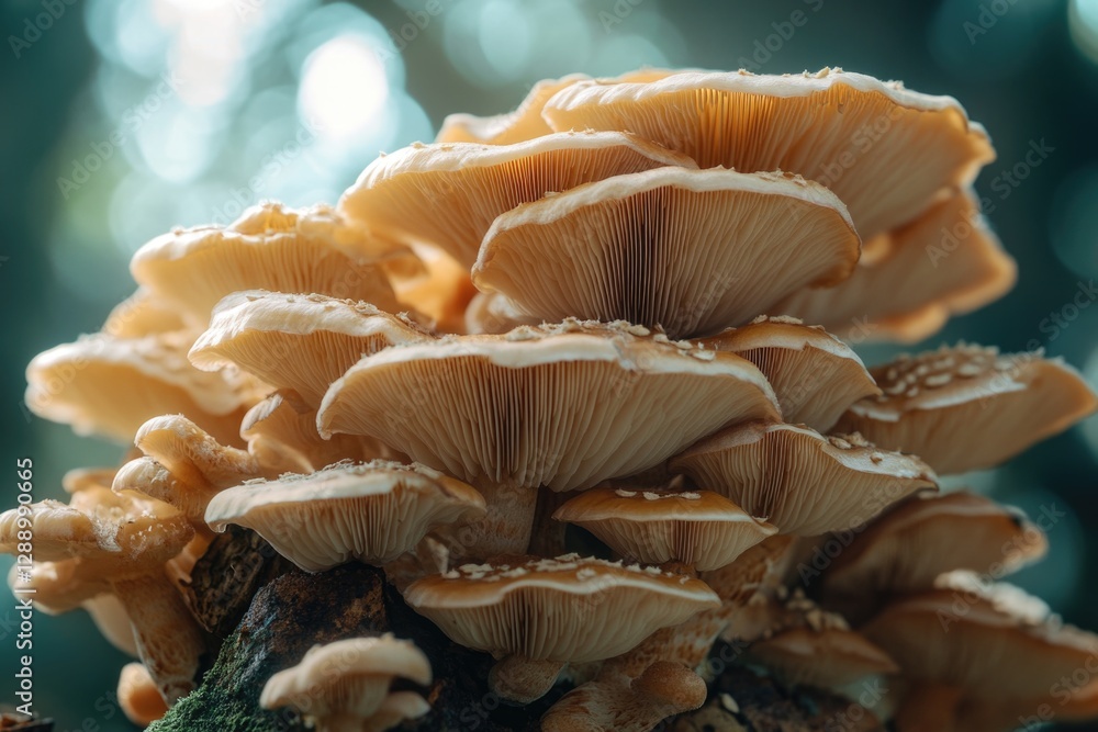 Poster close-up of various mushrooms growing on a tree branch