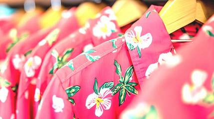 Pink Floral Hawaiian Shirts on Wooden Hangers