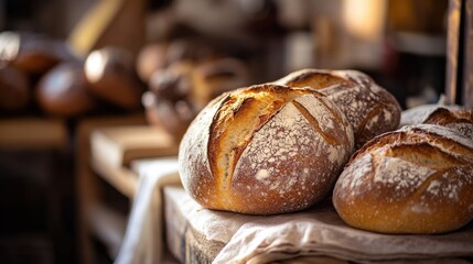 Fresh loaf of bread sitting on a wooden table, ready for use or display
