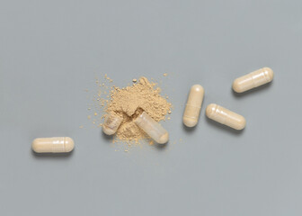 Opened medical capsules to show beige powder on grey top view. Alternative dietary supplements
