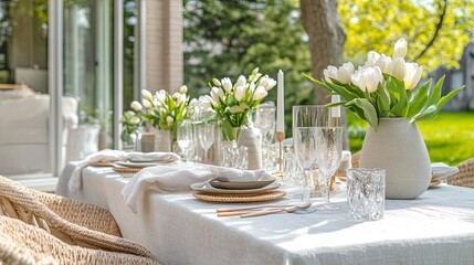 A clean outdoor table setup styled with fresh tulips and light-colored linens. background