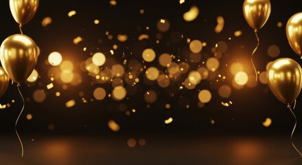 Obraz premium Golden balloons with confetti and sparkling bokeh lights for luxury party celebration background with empty copy space for text.