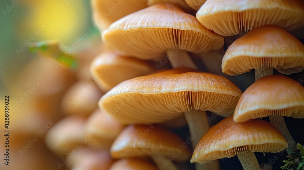 Poster a close-up view of a cluster of mushrooms on the forest floor