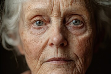 A close-up shot of an elderly woman's face, with wrinkles and age spots