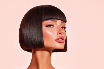 Fototapeta premium Portrait of a woman with sleek bob hairstyle and flawless makeup against a soft pastel background during a beauty shoot