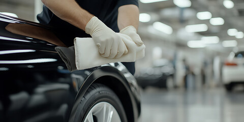 Obraz premium Detailing a vehicle. Person wearing protective gloves polishing exterior of vehicle in service garage.