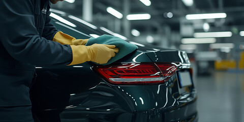 Car detailer carefully polishing a dark vehicle with a microfiber cloth in a clean, modern garage, showcasing automotive care and meticulous attention to detail.