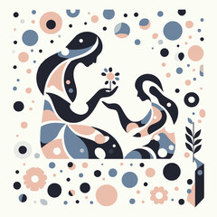 Whimsical Floral Exchange - Abstract Minimalist Art with Mother and son bring a Flowers