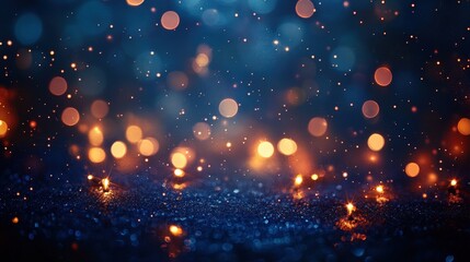 A mesmerizing dark blue and orange starry night sky glimmers with tiny white specks. Stars sparkle in shades of blue and orange, casting an enchanting celestial glow overhead