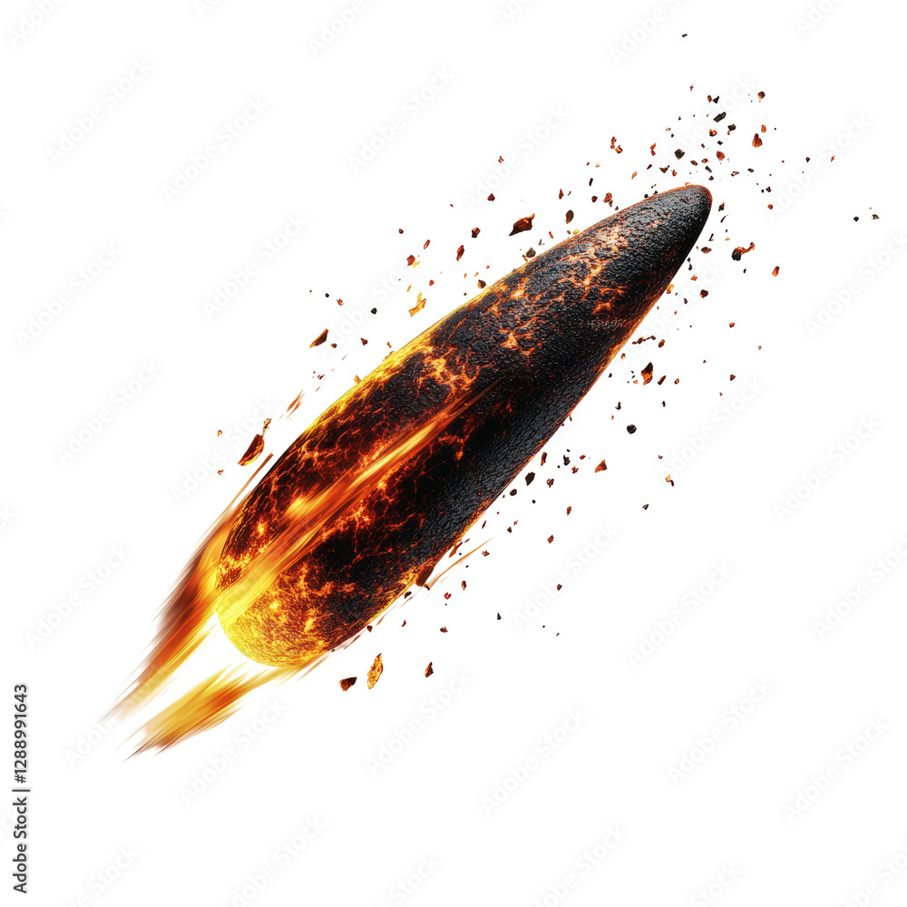 Poster rocket launching with bright sparks and flames during a nighttime display against a dark sky isolate