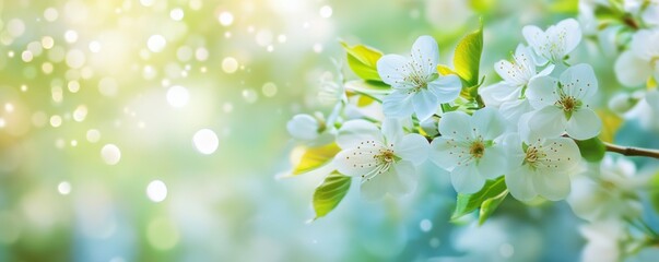Spring background with white flowers on a blurred green spring nature scene, a blooming tree branch with delicate blossoms, a bokeh effect. A banner design. Springtime concept. 