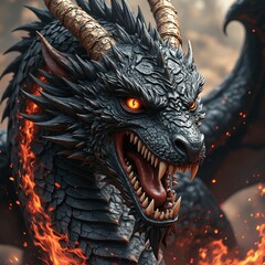 Mystical portrait of a screaming black dragon, power and rage
