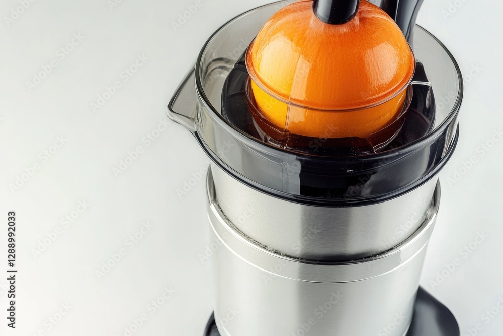 Poster a close-up view of a juicer with an orange placed inside, ideal for use in food and kitchen-themed i