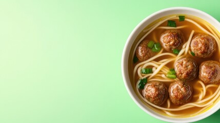 Warm bowl of meatball soup with spaghetti, garnished with fresh
