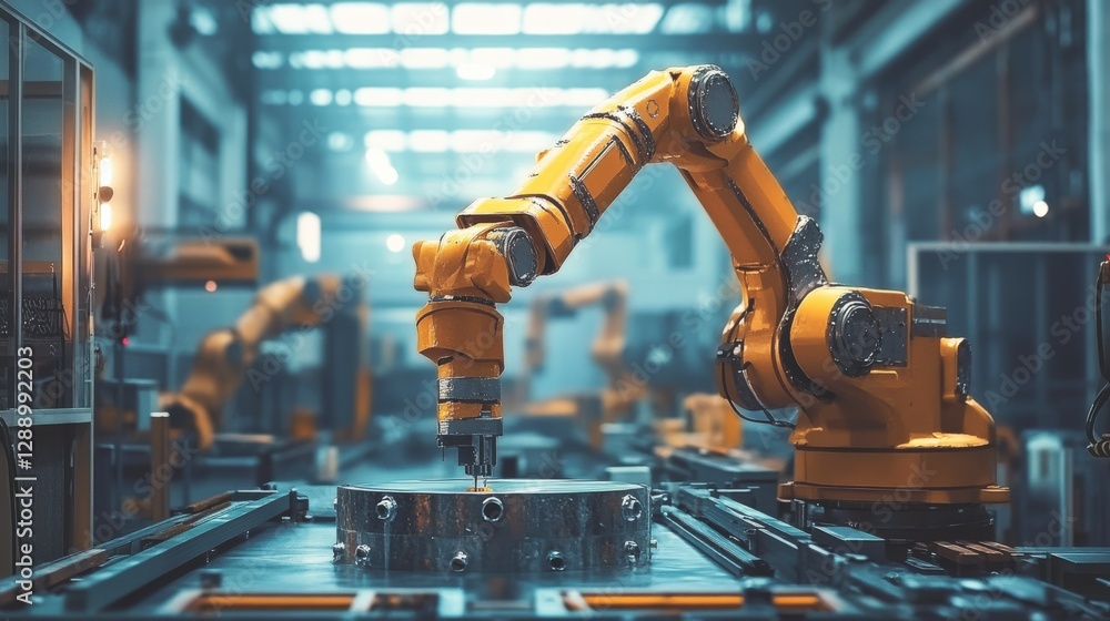 Aufkleber there are robotic arms working on the assembly line in modern workshops
