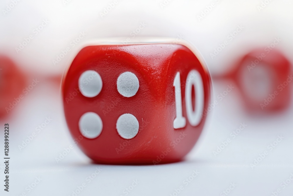 Poster a detailed shot of a single red dice on a table, suitable for use in various contexts such as gaming