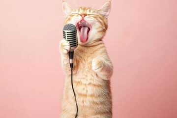 Ginger cat passionately singing into a microphone against a pink background during a playful moment in a studio setting