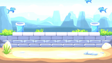 Pixel Art Game Background Serene Blue Landscape with Fish and Stone Wall