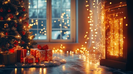 Cozy Christmas Scene with Tree, Gifts, and Soft Lights Glow