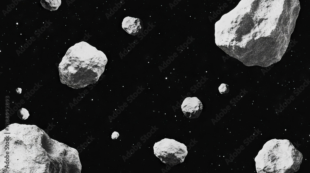 Poster Cosmic asteroid field background with varied sized space rocks for design