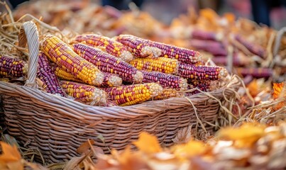 Fototapeta premium Colorful corn in basket on autumn leaves, harvest festival display