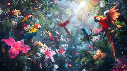 an explosion of tropical birds and flowers like parrots and palmtrees. Use icy colors. Ultra photo realistic 