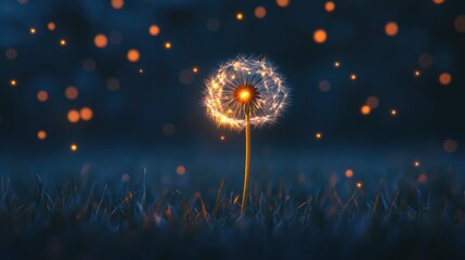 Obraz premium Glowing dandelion at night, magical bokeh background; hope, peace concept
