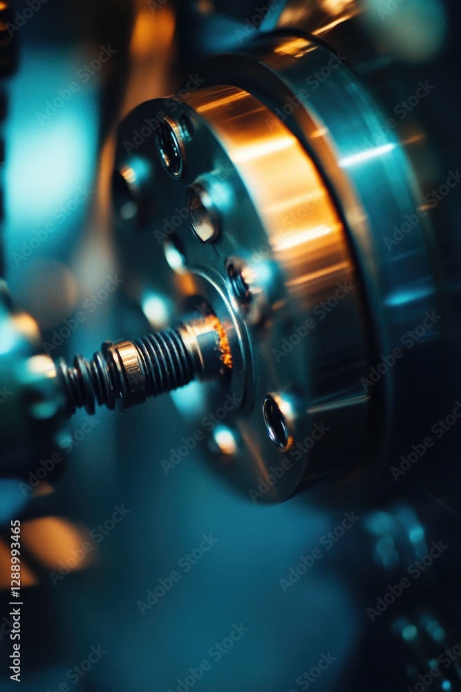 Poster a close-up view of a machine with a screw in place, suitable for use in industry or manufacturing im