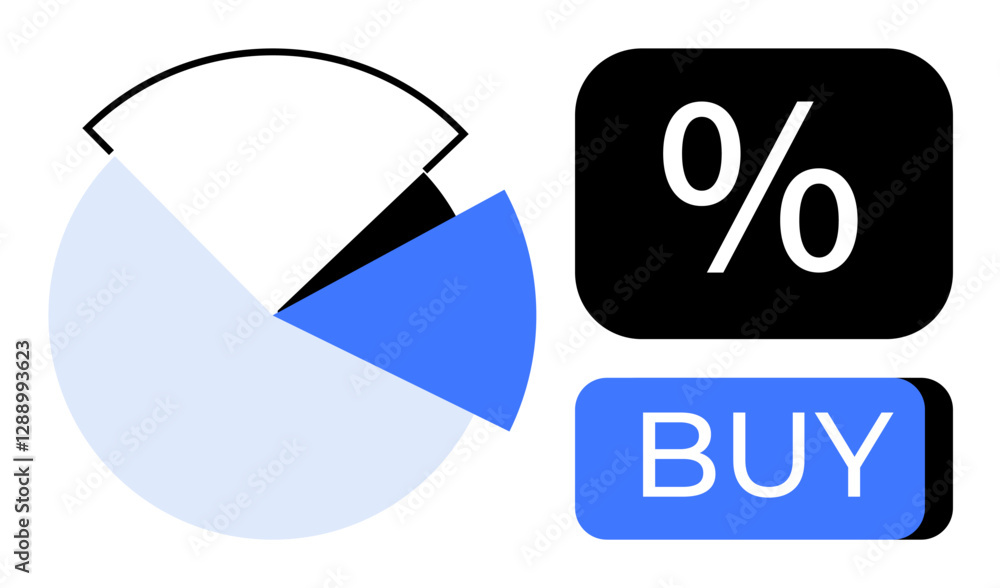 Poster pie chart with segments, one highlighted in blue, adjacent to a percentage symbol above a buy button