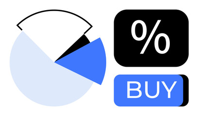 Pie chart with segments, one highlighted in blue, adjacent to a percentage symbol above a BUY button. Ideal for marketing, sales analysis, financial forecasting, economic growth, business strategy