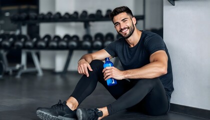 Naklejka premium Young Man Relaxing at Gym After Workout Holding Water Bottle