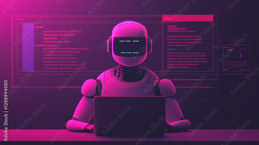 Poster virtual classroom online learning live streaming concept, futuristic robot working on laptop with di