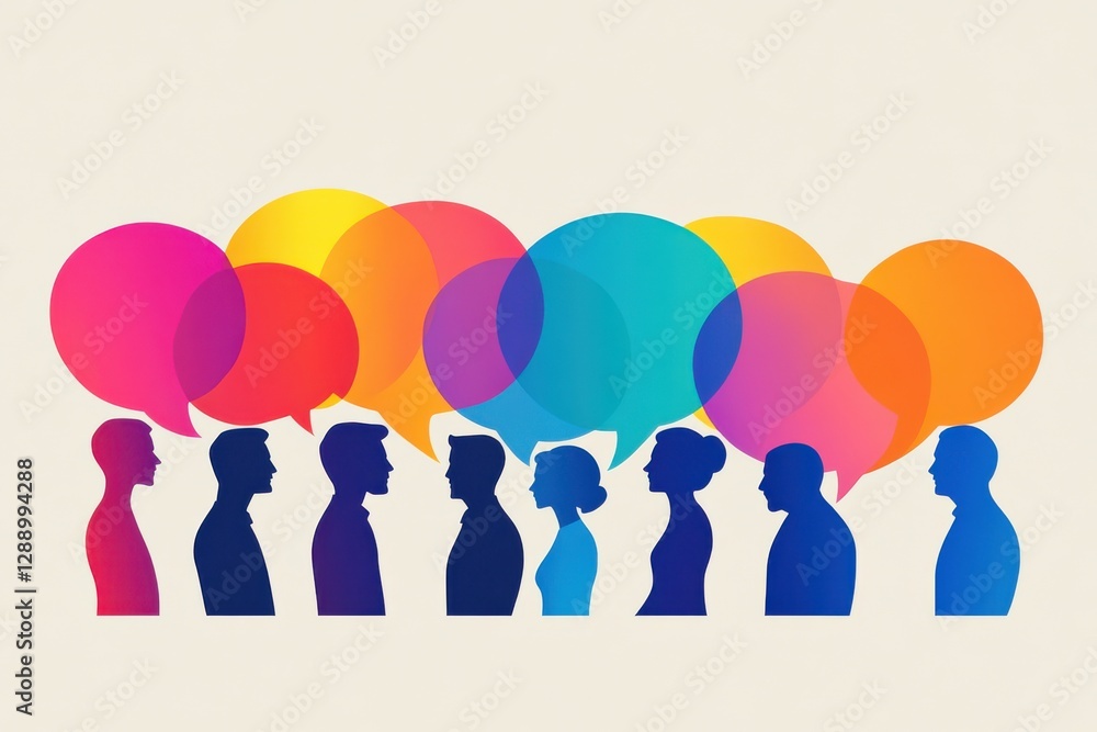 Aufkleber animated silhouettes of diverse people engaged in conversation with colorful speech bubbles in a mod