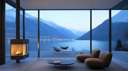 Fototapeta premium Cozy modern living room with fireplace and winter lake view 