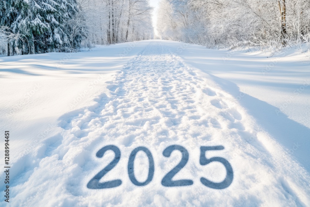 Poster snow-covered path with shadowed numbers indicating the year 2025 reflects a tranquil winter scene in