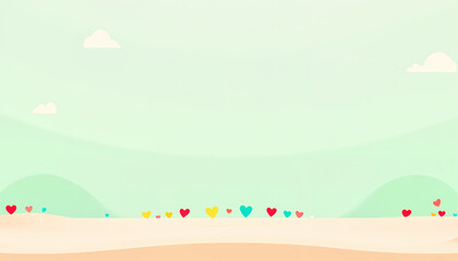 Scenic landscape with rolling hills, pastel sky, and small heart shapes, creating a peaceful and loving atmosphere, ideal for romantic and nature-inspired designs.