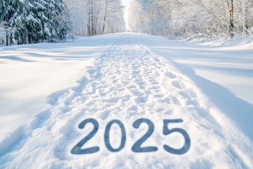 Snow-covered path with shadowed numbers indicating the year 2025 reflects a tranquil winter scene in a snowy forest