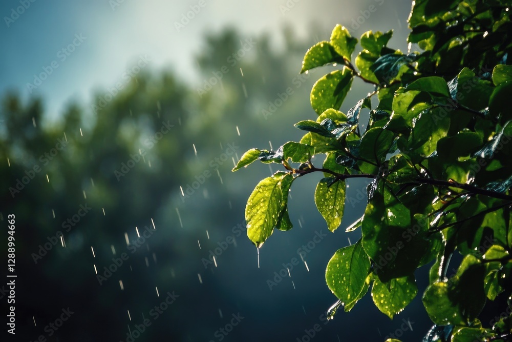 Poster a natural scene of a tree branch with lush green leaves getting wet in the rain