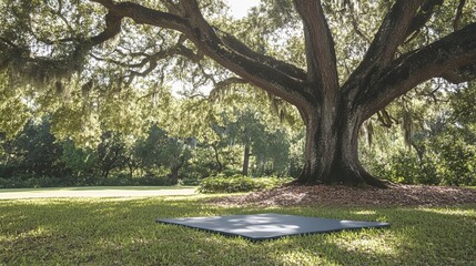 A clean outdoor yoga session with a single mat placed under a large tree. background