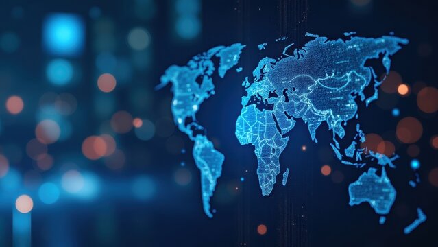 Blue globe with a city in the background - Powered by Adobe