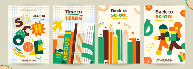Vector illustration. Back to school. Set of templates with school supplies, pencils, books, children hurry to school. Perfect for social media advertising, print, flyers, postcards and more