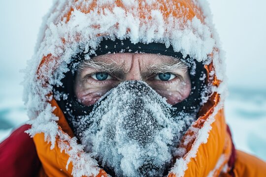 Adventurer battles extreme cold in snowy landscape while wearing insulated gear in a frozen environment during winter