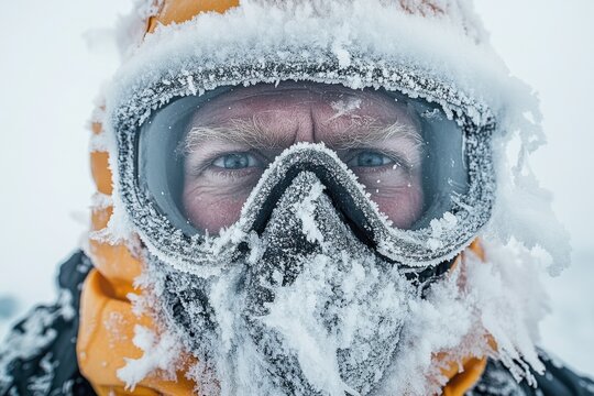 Experiencing extreme cold during an expedition in a snowy landscape at the North Pole with frost on the gear and face