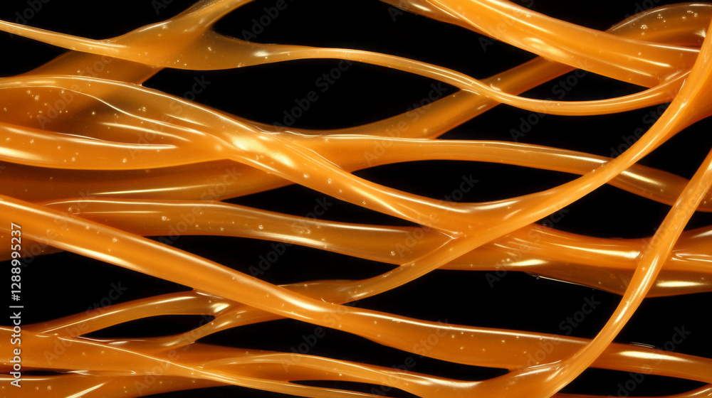 Poster drifting caramel threads with golden highlights on black background for design