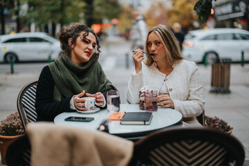 Two smiling women sitting at a table outdoors, enjoying drinks and desserts while chatting. The...