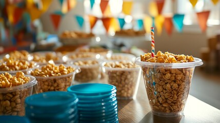 Colorful Party Setup with Cups of Popcorn and Decorative Flags