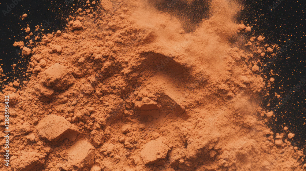 Poster cocoa powder texture on dark background for culinary design and food art