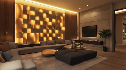 A modern and stylish living room with a unique wall design and warm lighting