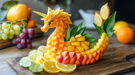 Combine fruits with mythical or fantasy elements (e.g., a dragon with mango wings, a unicorn with a grapevine horn, or a mermaid with a tail made of citrus slices).