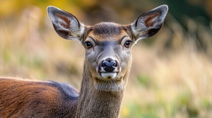 Fototapeta premium Close-up shot of a deer with curious expression looking directly at the camera
